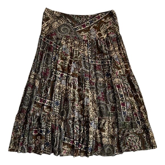 Chaps Paisley Cotton Midi Skirt Brown M Boho Hippie Whimsygoth Southwestern - Picture 1 of 7